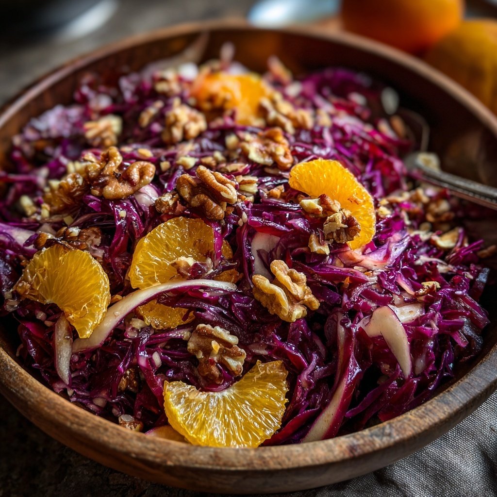 Rotkohl-Orangen-Salat mit Walnüssen als weihnachtliche Beilage