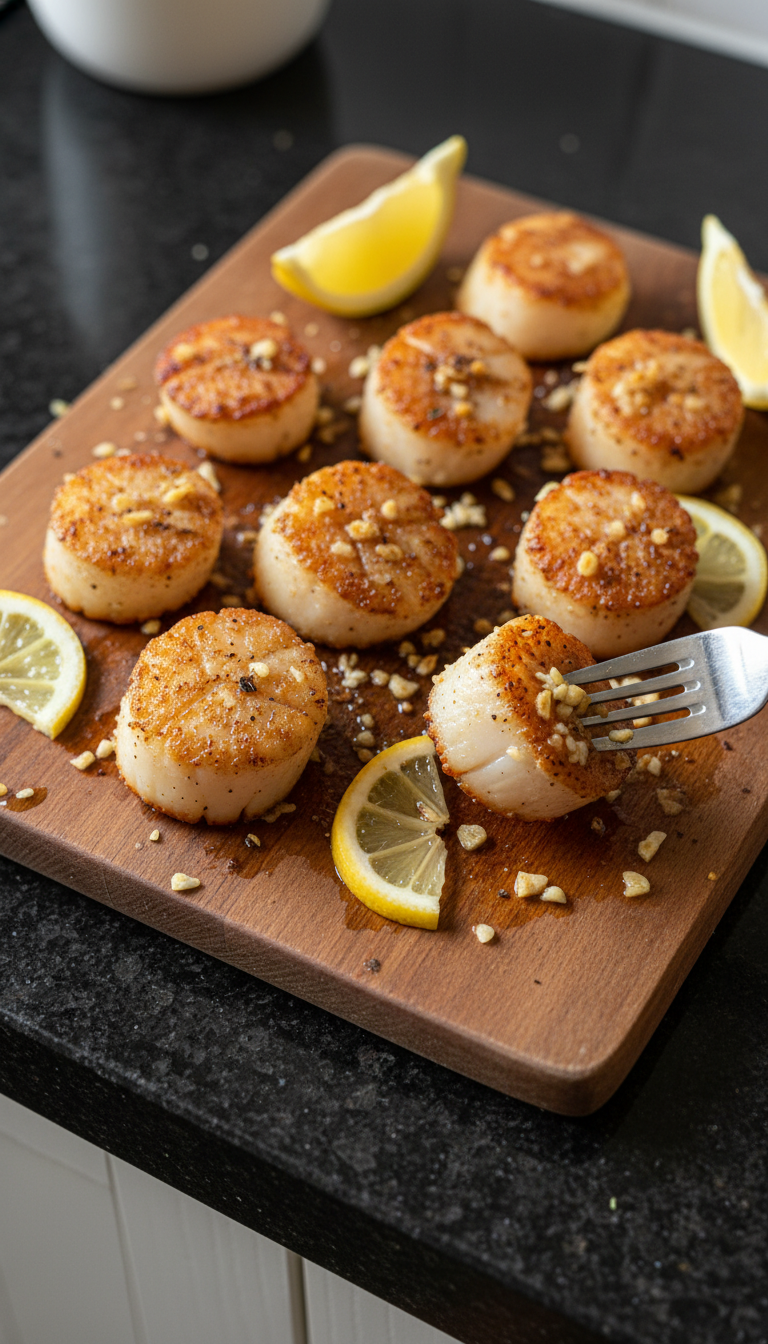 Gebratene Jakobsmuscheln mit Knoblauch Zitrone​