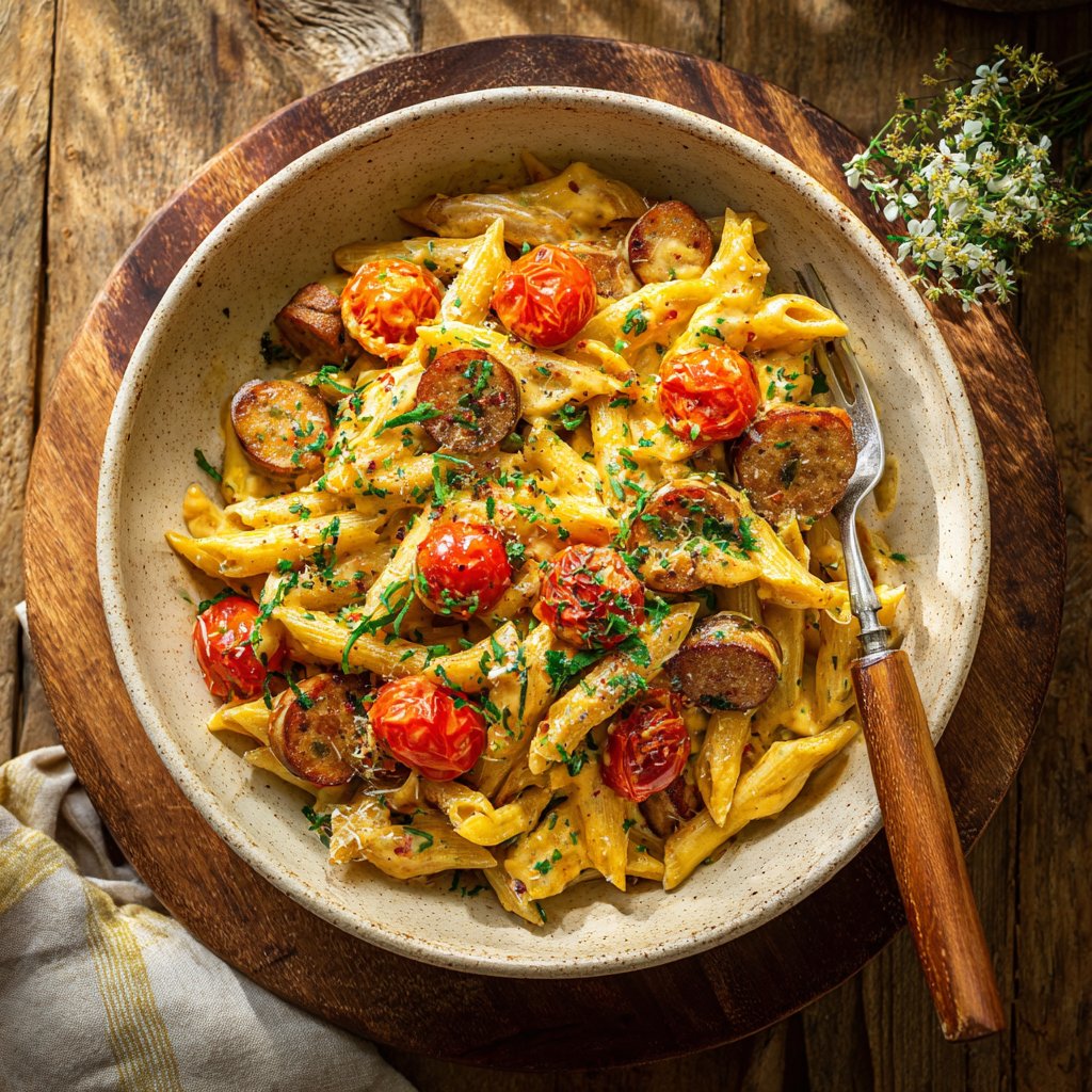 One Pot Creamy Cajun Sausage Pasta mit Tomaten