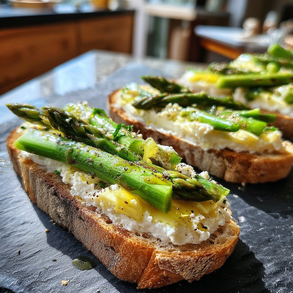 Spargel Band Ricotta Crostini