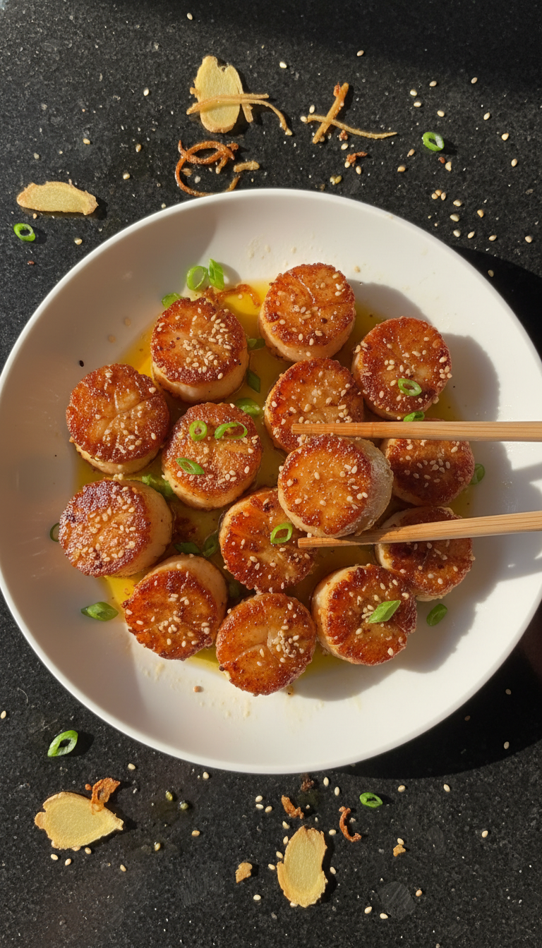 Sesam Ingwer Gebratene Jakobsmuscheln​