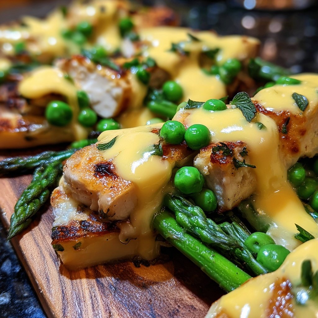 Raclette mit Hähnchenwürfeln, Spargel, Erbsen und Sauce Hollandaise​