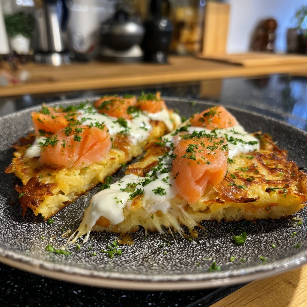 Raclette mit Rösti, Räucherlachs und Meerrettich-Dip​