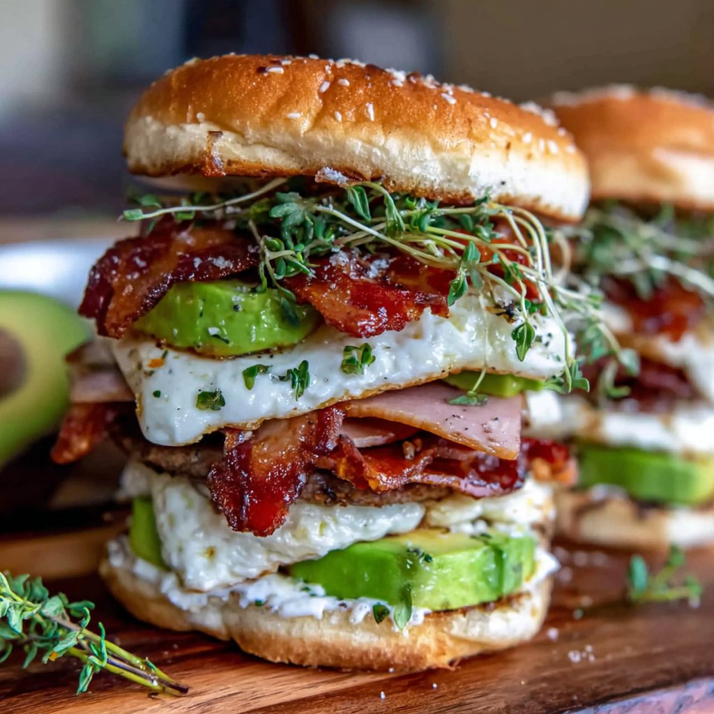 Frühstücks-Hamburger mit Avocado und Schinken